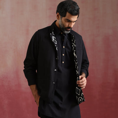 trueBrowns Men's Black Ikat Reversible Nehru Jacket