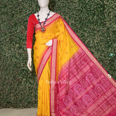 Dark Yellow with Rani Pink Bomkai  Sambalpuri Silk Saree