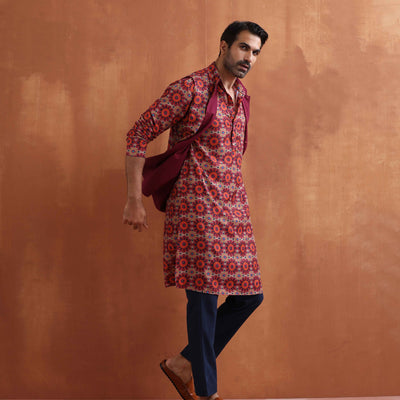 trueBrowns Men's Beige Printed Kurta