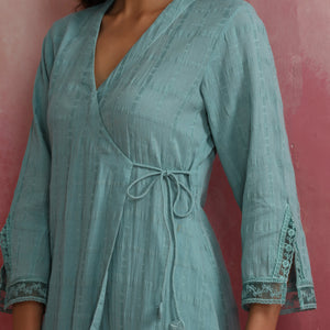 trueBrowns Aqua Blue Cotton Dobby Angrakha Kurta Set