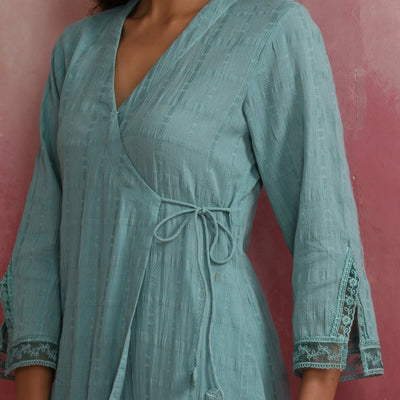 trueBrowns Aqua Blue Cotton Dobby Angrakha Kurta Set