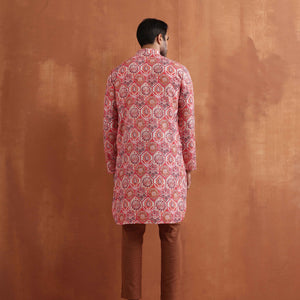 trueBrowns Men's Beige Printed Front Open Kurta