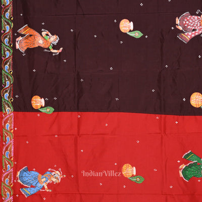 Red with Coffee Rasaleela Theme Hand-Painted Pattachitra Saree