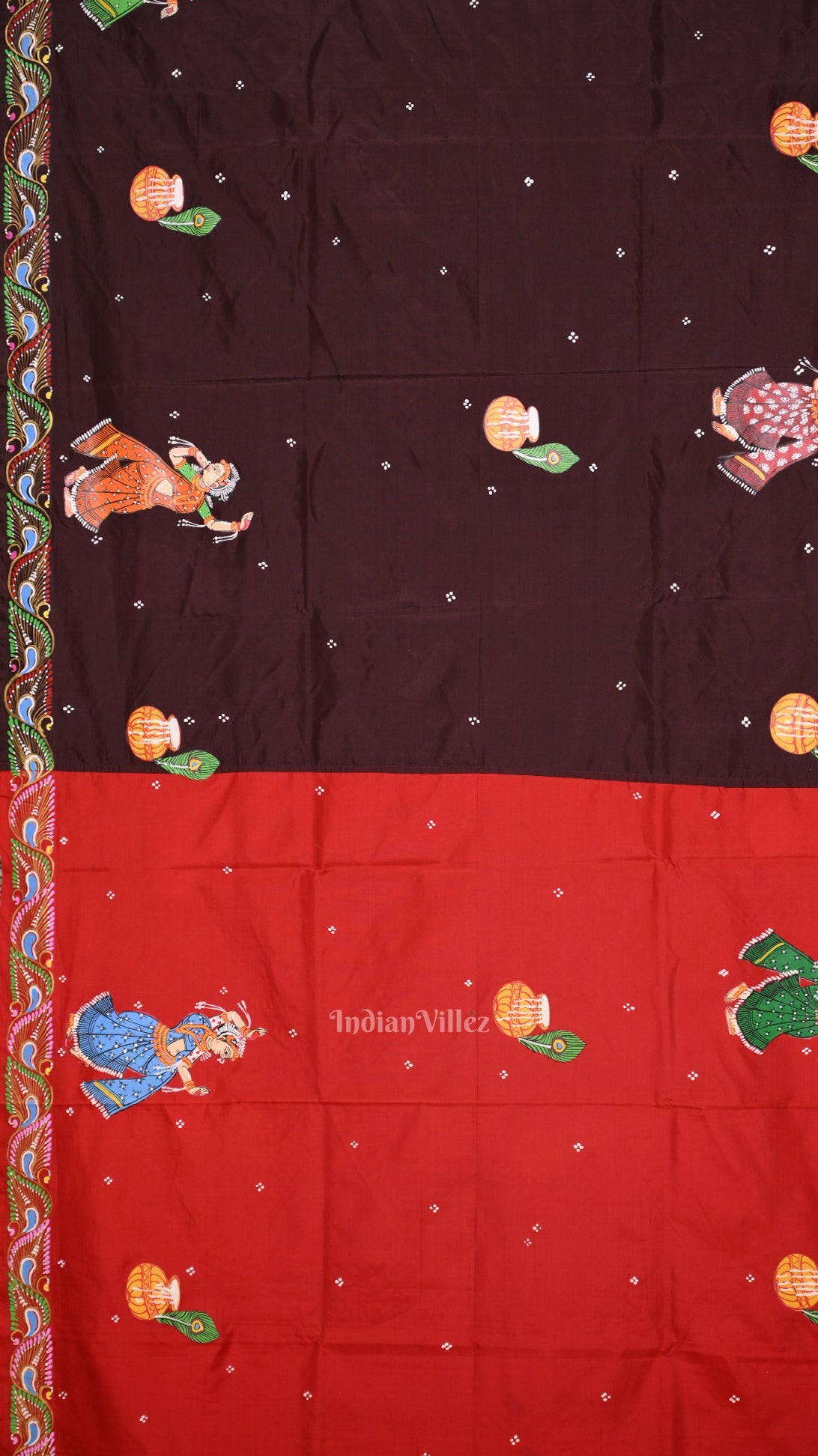 Red with Coffee Rasaleela Theme Hand-Painted Pattachitra Saree