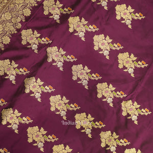 Dark Purple Floral Motif Designer Meenakari Banarasi Silk Saree