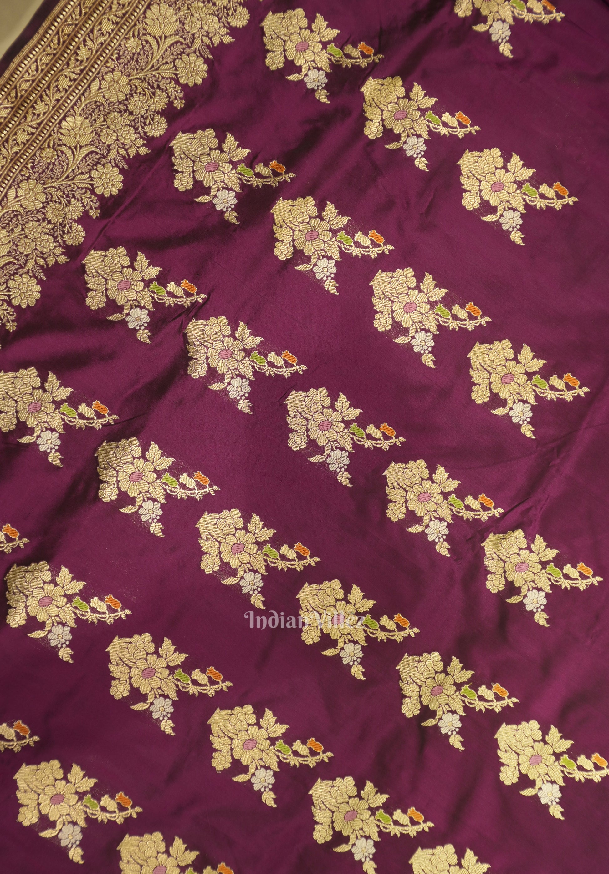 Dark Purple Floral Motif Designer Meenakari Banarasi Silk Saree
