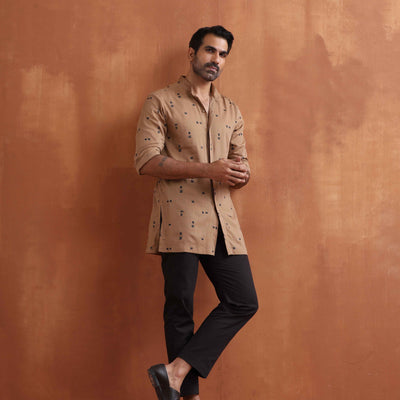 trueBrowns Men's Brown Printed Short Kurta