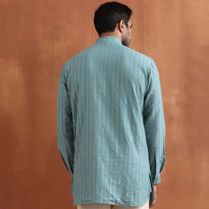 trueBrowns Men's Green Cotton Dobby Short Kurta