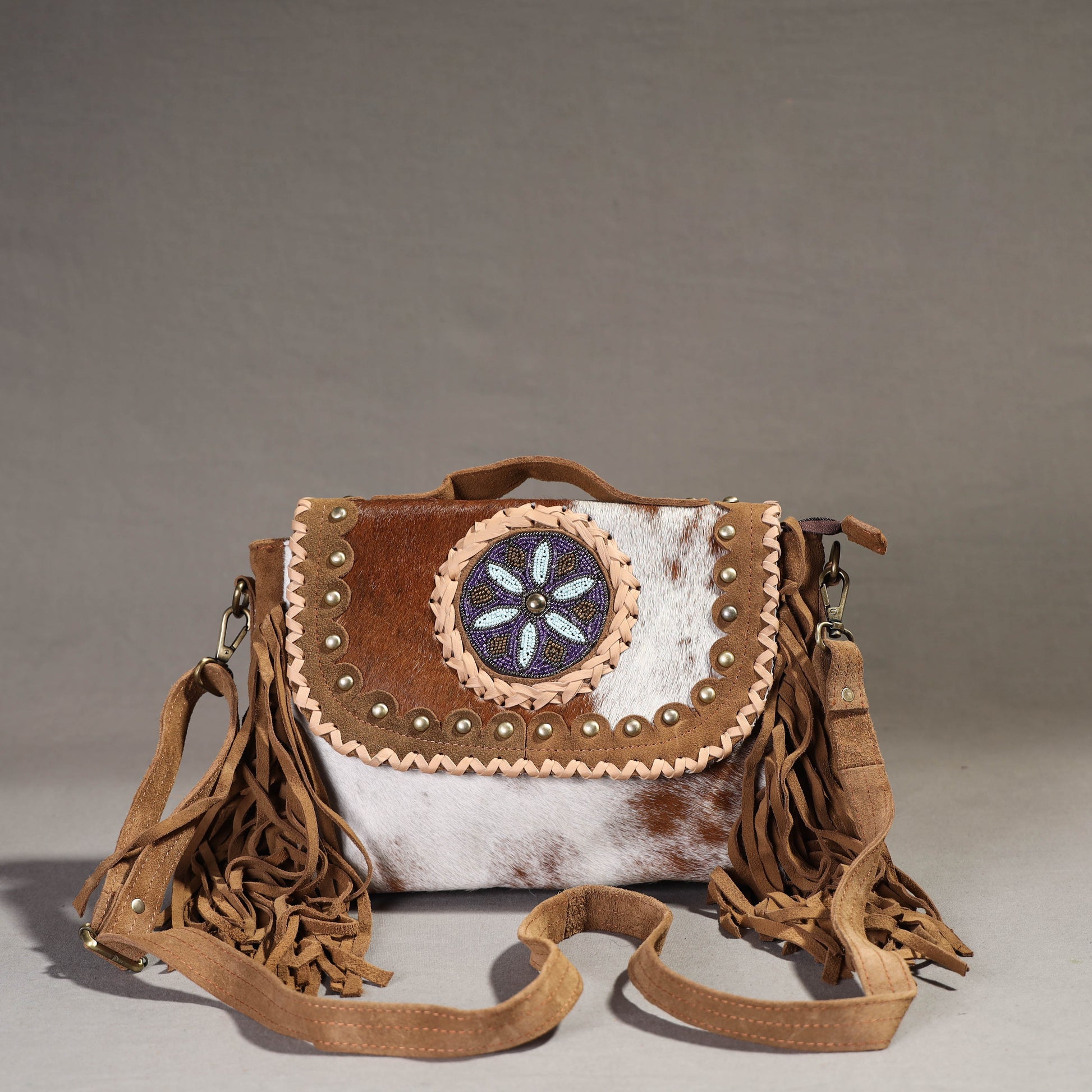 Brown - Handcrafted Fur Leather Fringe Sling Bag with Blue Stone