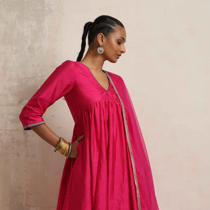 trueBrowns Pink Silk Anarkali Kurta Pant Dupatta Set