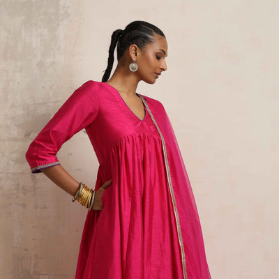 trueBrowns Pink Silk Anarkali Kurta Pant Dupatta Set