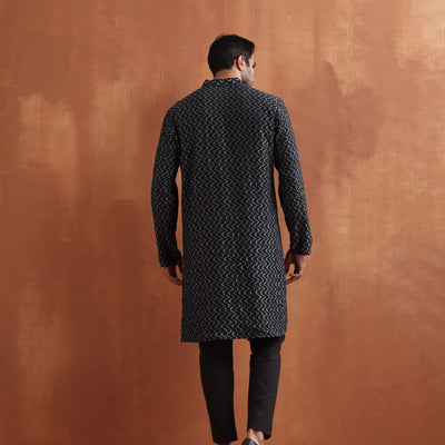 trueBrowns Men's Black Cotton Dobby Kurta