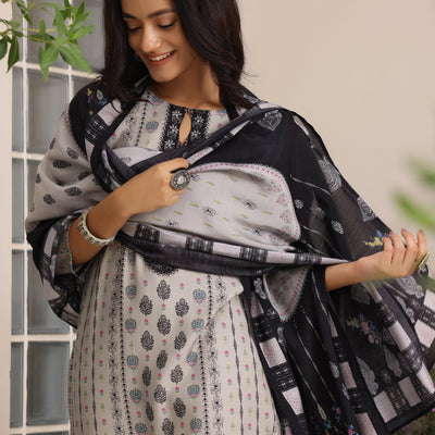 Grey Printed Silk Blend Straight Suit With Dupatta