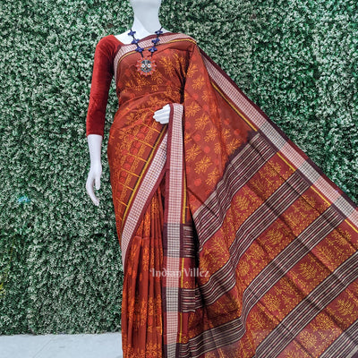 Maroon Floral Motif Odisha Handloom Sambalpuri Silk Saree