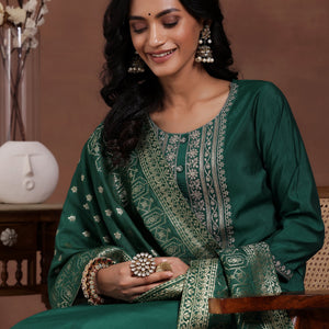 Green Yoke Design Silk Blend Straight Suit With Dupatta
