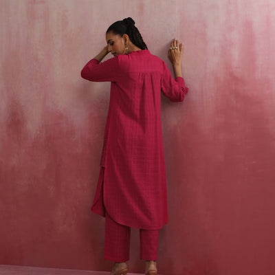 trueBrowns Magenta Cotton Dobby Kurta Set