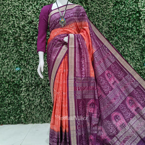 Orange Purple Odisha Ikat Tribal Theme Sambalpuri Silk Saree