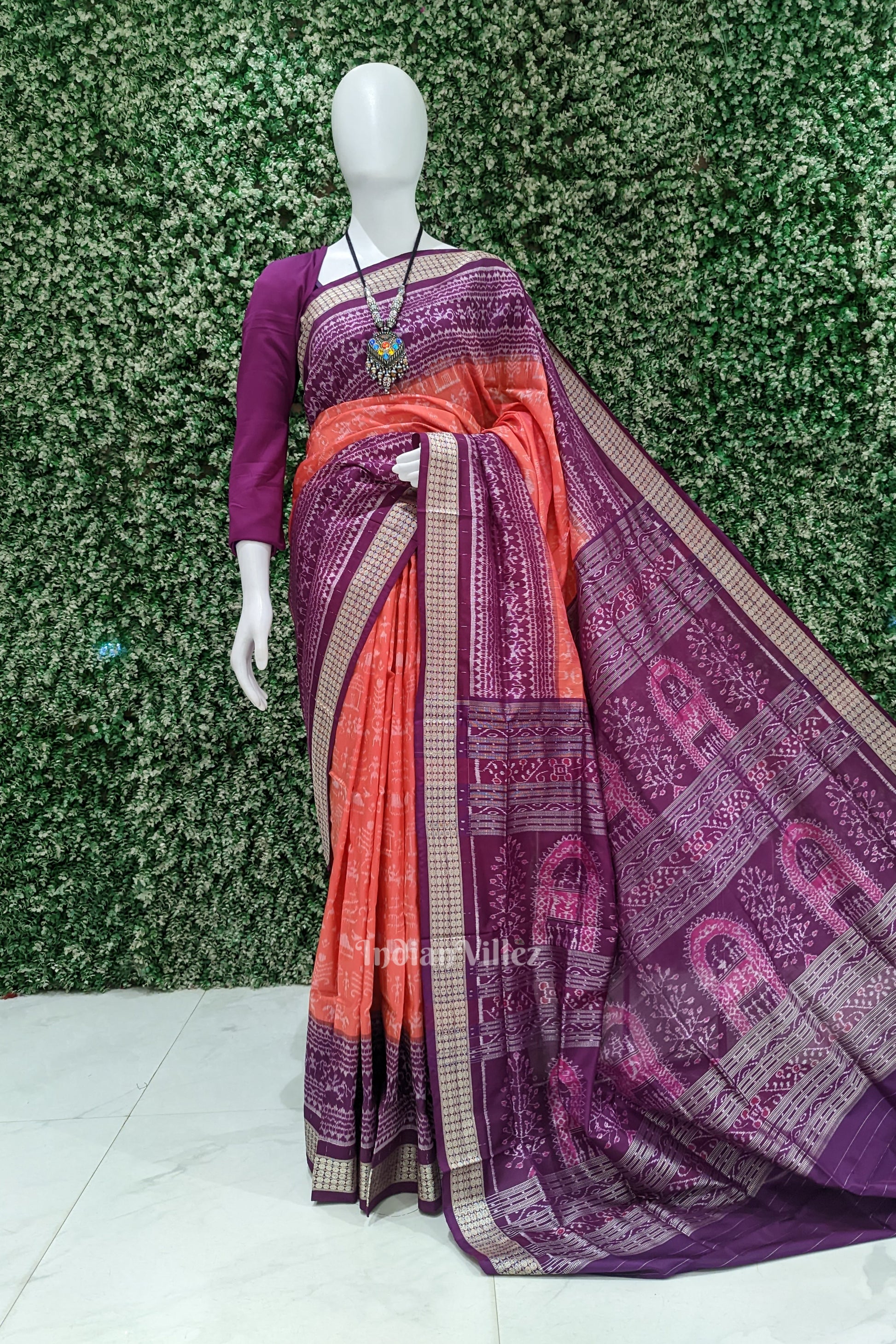 Orange Purple Odisha Ikat Tribal Theme Sambalpuri Silk Saree