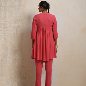 trueBrowns Peach Crinkle Flared Kurta Co-ord Set