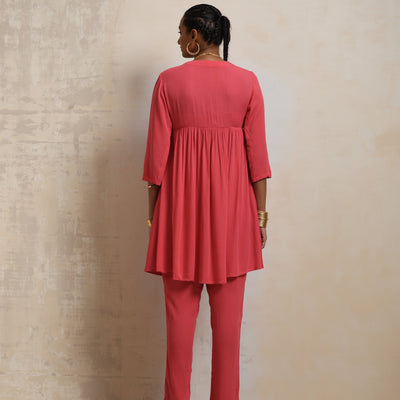 trueBrowns Peach Crinkle Flared Kurta Co-ord Set