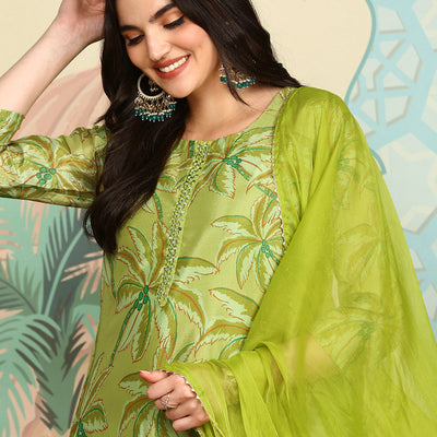 Floral Printed Regular Three-Quarter Sleeves Kurta with Trousers & With Dupatta