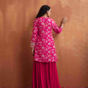 trueBrowns Red Print Sharara Set