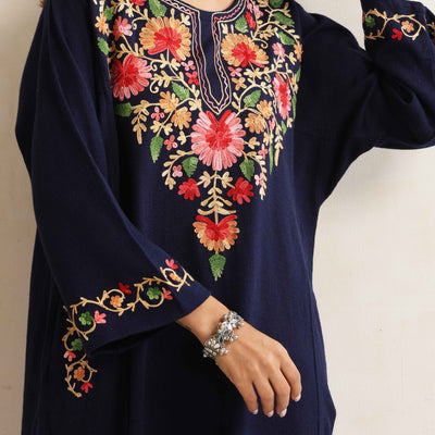 trueBrowns Blue Kashmiri Embroidered Woollen Phiran Kurta