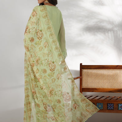 Green Embroidered Organza Straight Suit With Dupatta
