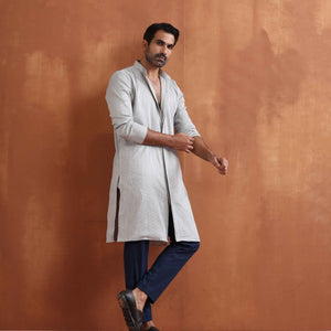trueBrowns Men's Grey Chanderi Front Open Kurta