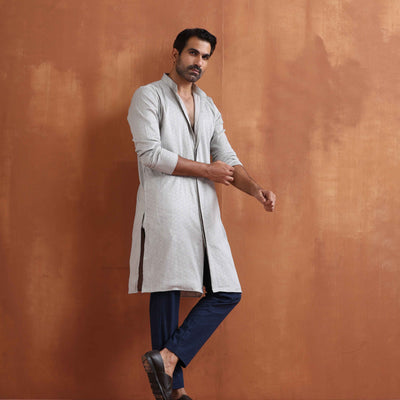 trueBrowns Men's Grey Chanderi Front Open Kurta