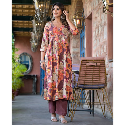 Coffee Brown Floral Foil Printed Muslin Alia Cut Salwar Suit With Handcrafted