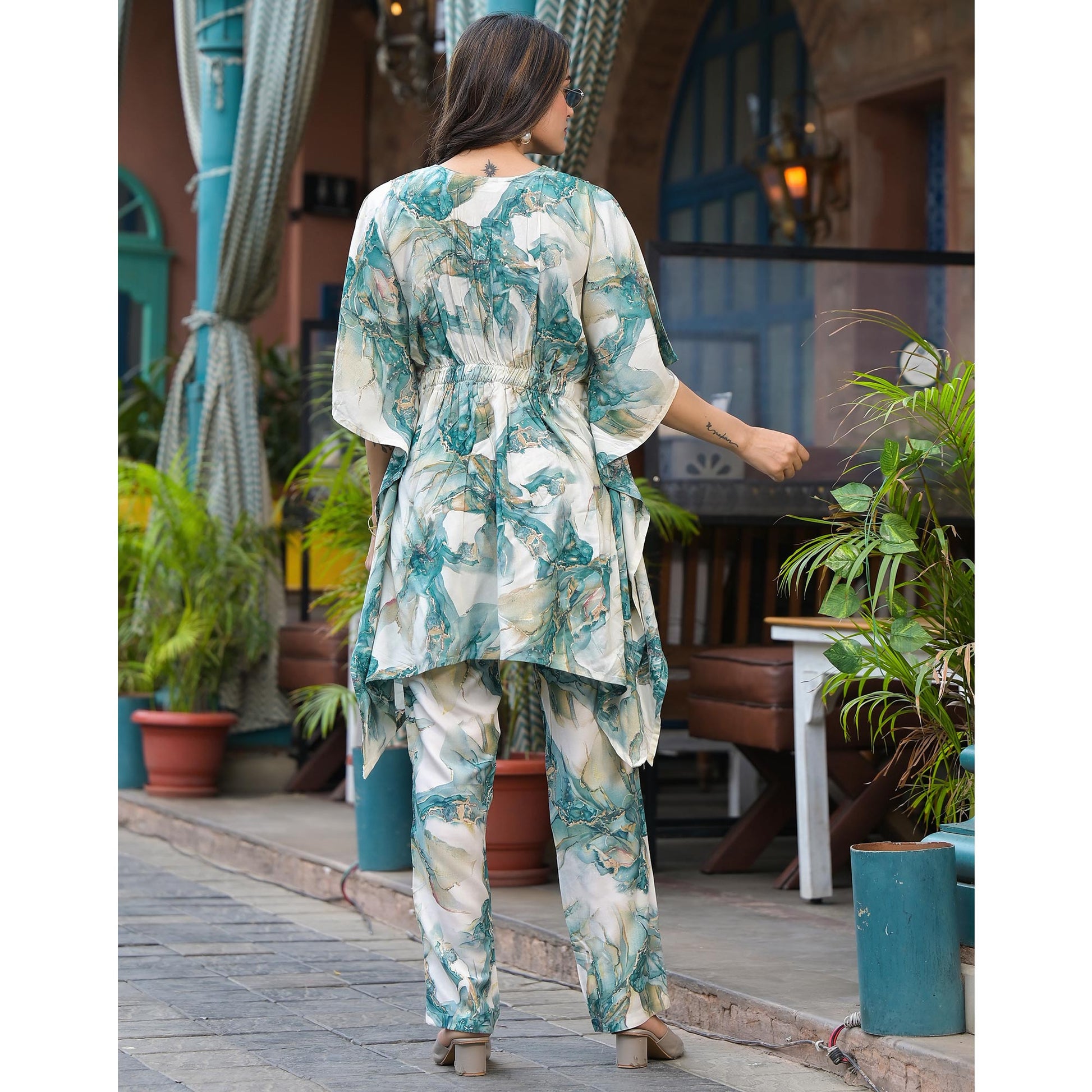 green-foil-printed-rayon-kaftan-co-ord-set