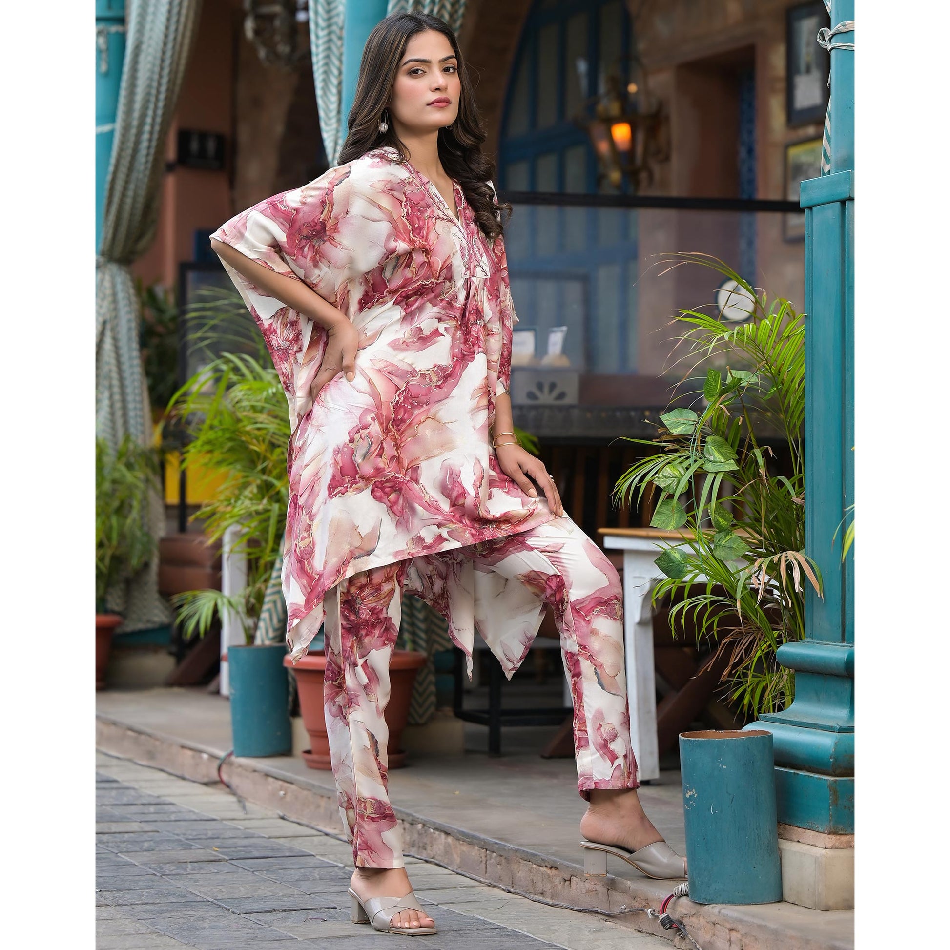 Mauve Foil Printed Rayon Kaftan Co-Ord Set