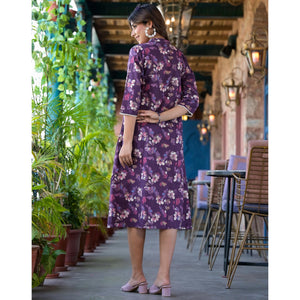 Dark Purple Floral Foil Printed Giza Cotton A-Line Dress