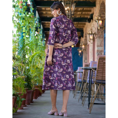 Dark Purple Floral Foil Printed Giza Cotton A-Line Dress