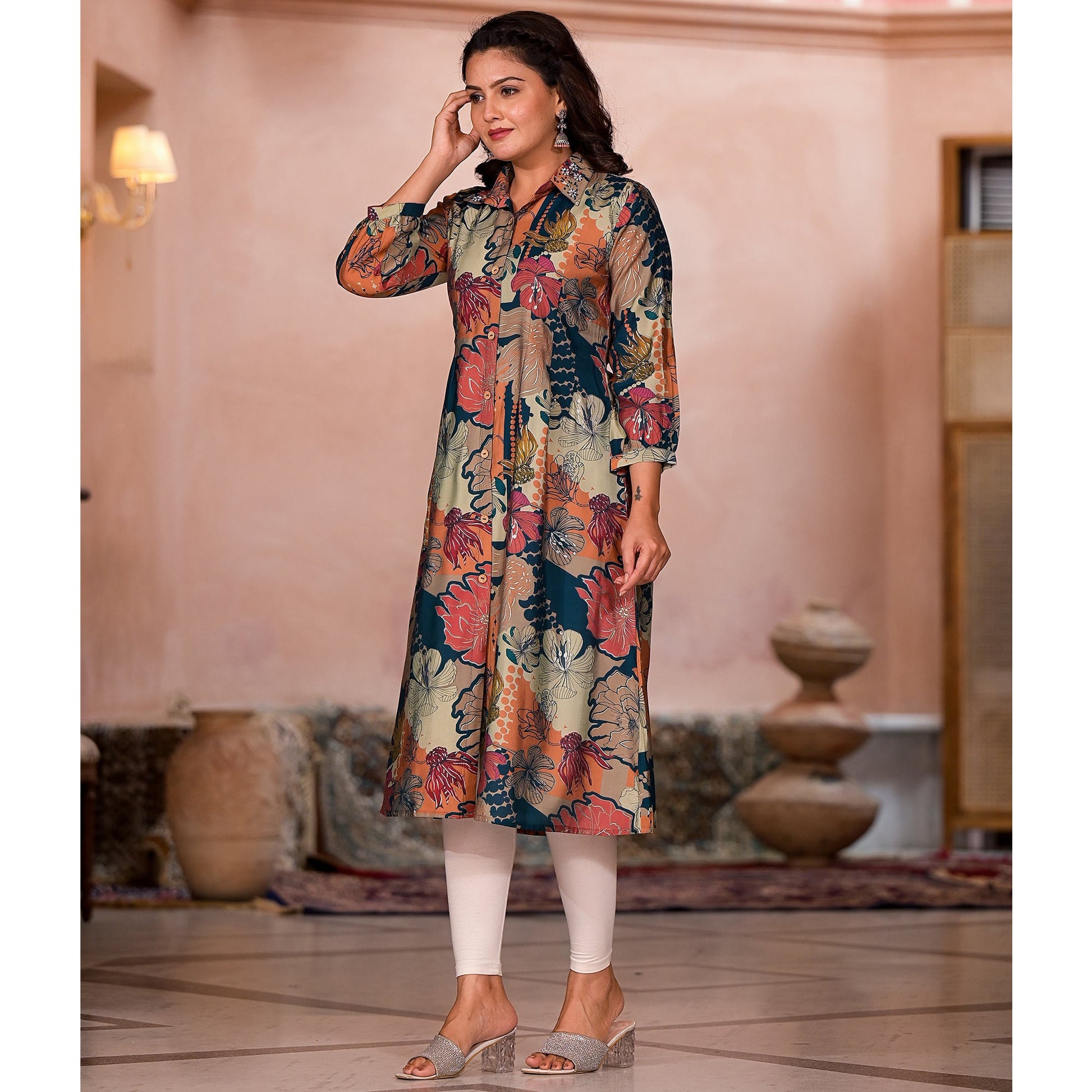 green-floral-printed-chanderi-silk-a-line-dress