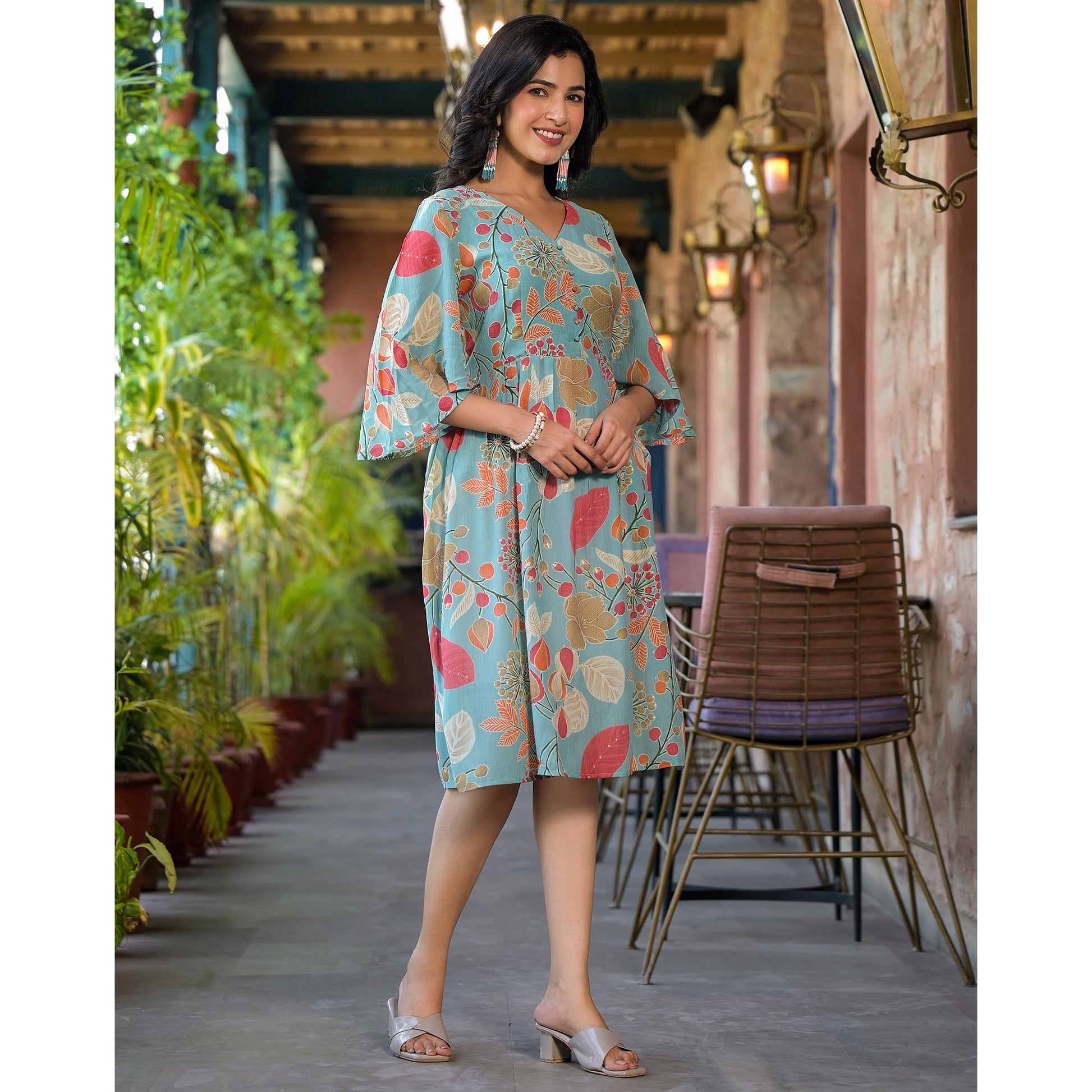green-floral-foil-printed-chiffon-a-line-dress