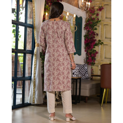Brown Floral Printed Rayon Straight Kurti