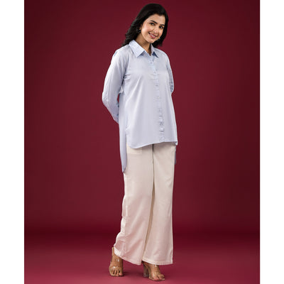 Light Blue Solid Satin High-Low Shirt