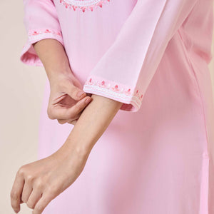 Light Pink Yoke Embroidered Rayon Straight Kurti