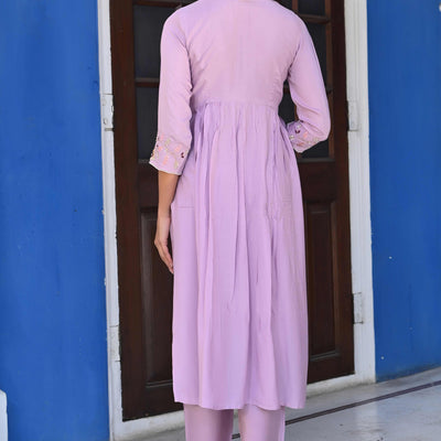Lavender Floral Embroidered Muslin Anarkali Salwar Suit