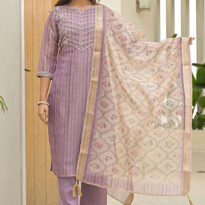 Lavender Embroidered Handwork Crush Chanderi Salwar Suit