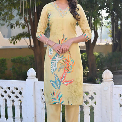 Lime Yellow Sequins Work With Printed Muslin Salwar Suit