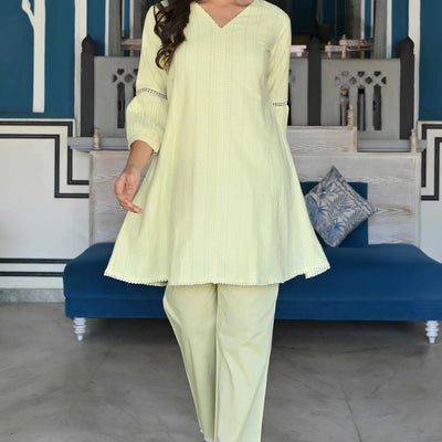 Lemon Yellow Dobby Work Pure Cotton Co-Ord Set