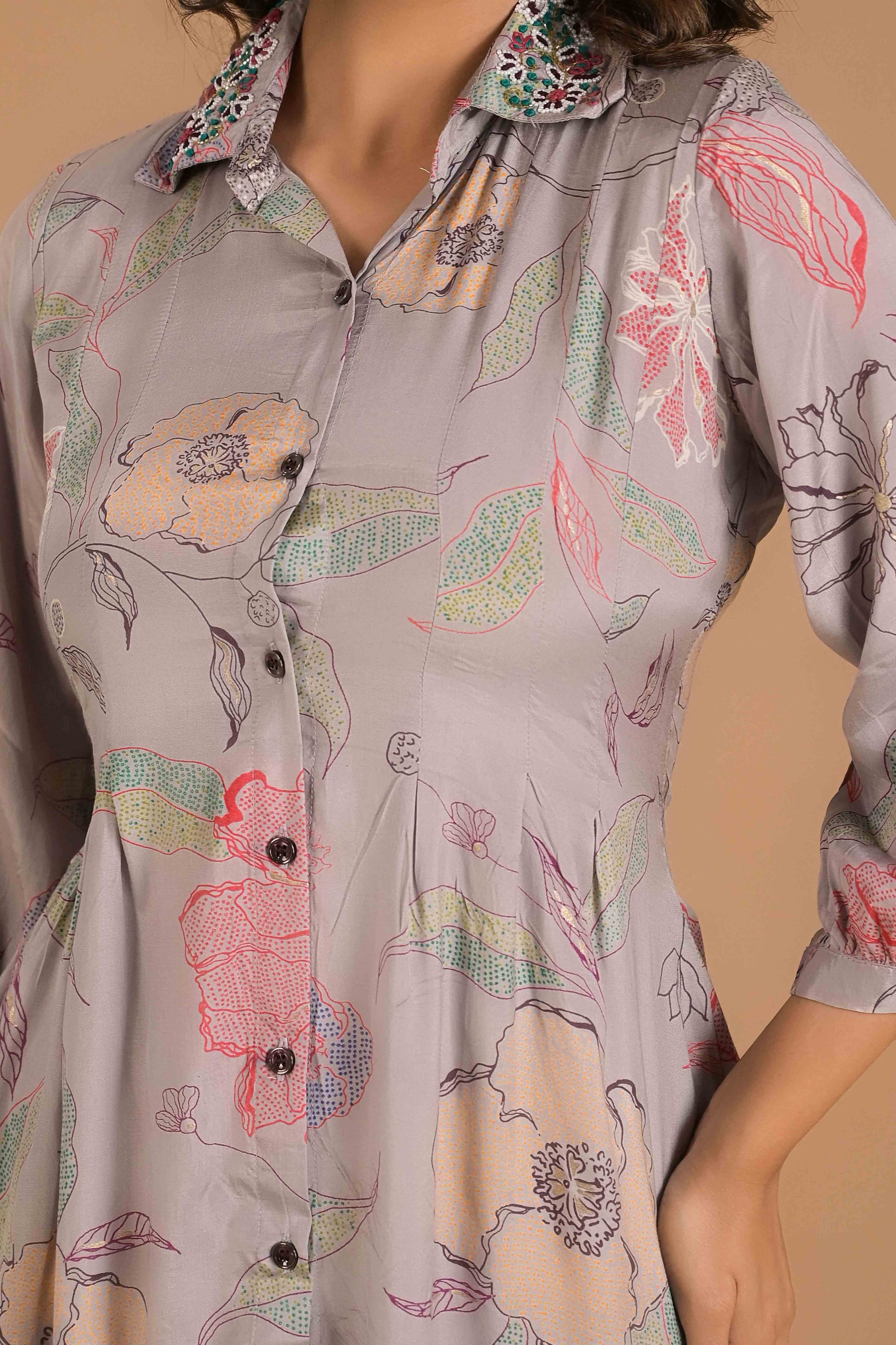 Light Purple Floral Printed Muslin A-Line Dress