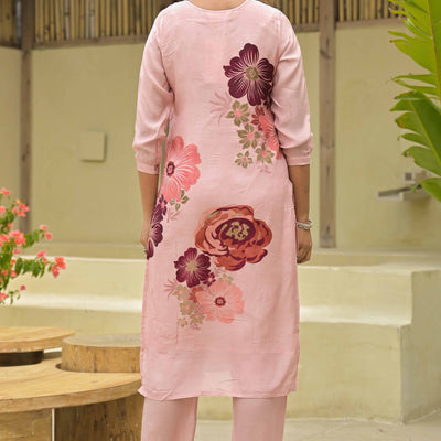Blush Peach Floral Printed Muslin Straight Salwar Suit With Handwork