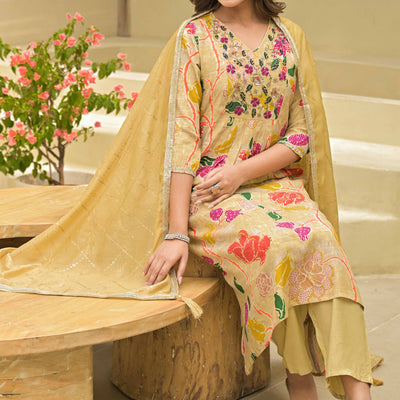 Chikoo Floral Printed Muslin Anarkali Style Salwar Suit With Hand Work