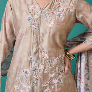 Light Olive Floral Embroidered Chanderi Silk Straight Salwar Suit