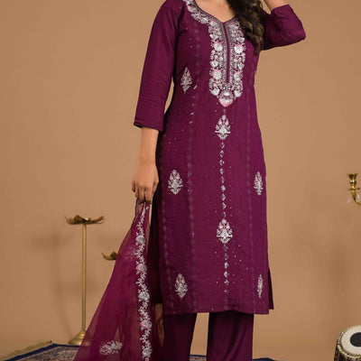 Imperial Purple Floral Embroidered Sequins Work Cotton Silk Straight Salwar Suit