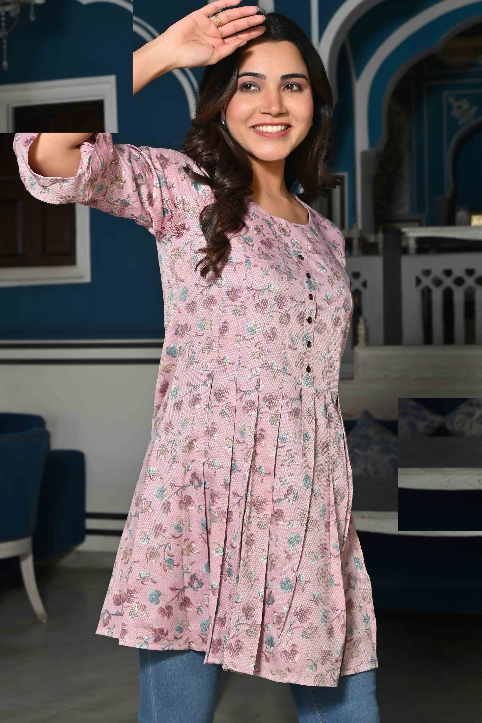 Light Purple Floral Foil Printed Rayon A-Line Top